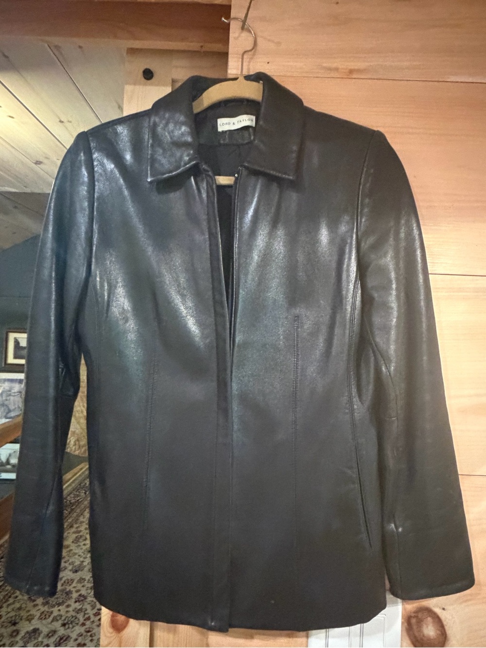 Lord & Taylor Black Leather Jacket - Women's Classic Collared Coat